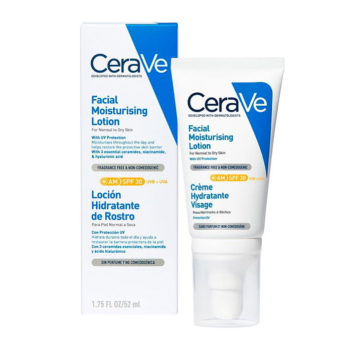 Cerave Loción Hidratante Facial Rostro SPF30 con 3 Ceramidas, Ácido Hialurónico y Niacinamida, para Pieles Normales y Secas, 52 ml