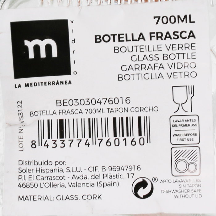 La Mediterranea Botella Frasca de 700 ml con Tapón de Corcho (12 Unidades)