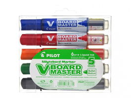Pilot WBMA-VBM-M-S5-BG Marcador V-Board Master, Punta Redonda, Negro, Azul, Verde, Naranja, Rojo - Paquete de 5