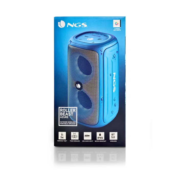 NGS Roller Beast Azure Altavoz Portátil Bluetooth 32W - Impermeable IPX5 - Luces RGB - Tecnología TWS - Autonomía Hasta 20h - Con Radio FM, USB y Correa - Azul