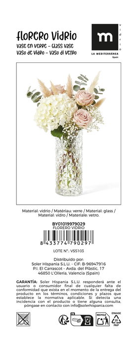 Inde Florero La Mediterránea de Vidrio, Decorativo, Dimensiones: 20,3 cm Alto x 8,5 cm Ancho x 8,4 cm Largo (24 Unidades)