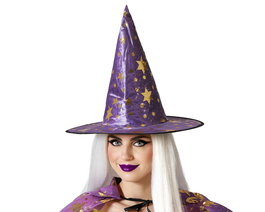 Sombrero De Bruja Morado Con Estrellas Doradas Para Mujer Adulta