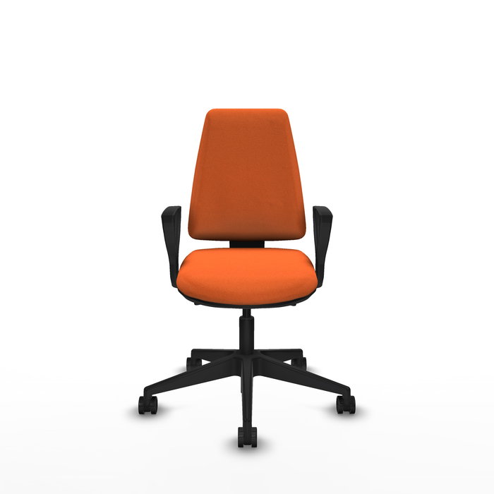 Silla de oficina Elche con mecanismo Asincro tapizada con Tela color Naranja. Equipada con Base piramidal negra, Brazos fijos y Ruedas 65mm nailon