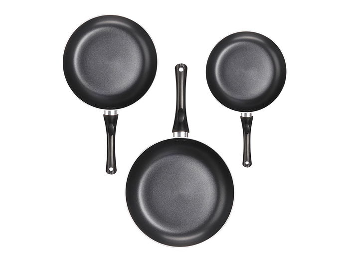 Kinvara Set 3 Sartenes de Aluminio Negro con Antiadherente, Pequeña 20 x 4 cm, Mediana 24 x 4,5 cm, Grande 28 x 5 cm, Apta Inducción (Set de 6)