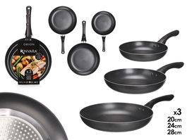 Kinvara Set 3 Sartenes de Aluminio Negro con Antiadherente, Pequeña 20 x 4 cm, Mediana 24 x 4,5 cm, Grande 28 x 5 cm, Apta Inducción (Set de 6)