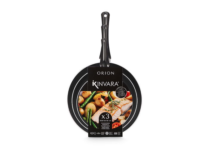 Kinvara Set 3 Sartenes de Aluminio Negro con Antiadherente, Pequeña 20 x 4 cm, Mediana 24 x 4,5 cm, Grande 28 x 5 cm, Apta Inducción (Set de 6)