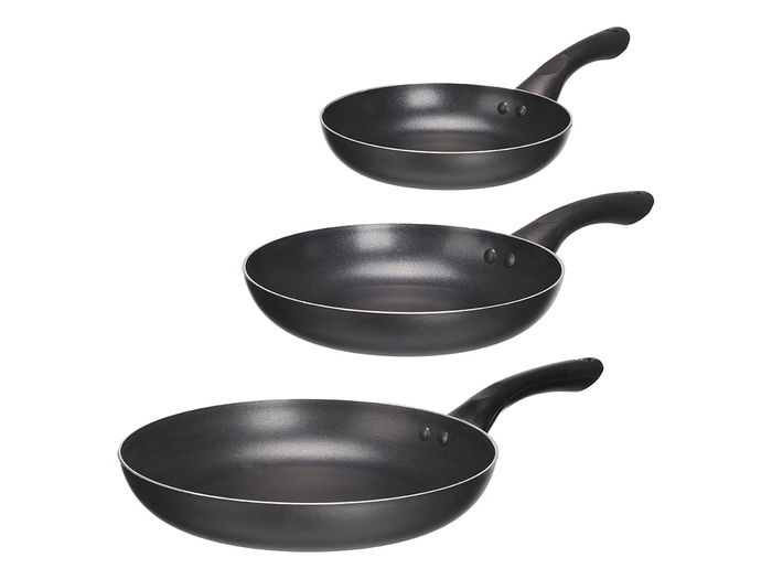 Kinvara Set 3 Sartenes de Aluminio Negro con Antiadherente, Pequeña 20 x 4 cm, Mediana 24 x 4,5 cm, Grande 28 x 5 cm, Apta Inducción (Set de 6)