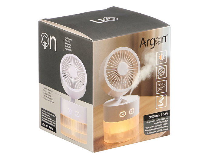 Argon Ventilador de Sobremesa Humidificador USB-C, 350 ml, Blanco, 3 Velocidades y 3 Modos Niebla con Luz, Dimensiones 11x13.5x11 cm (Set de 12)
