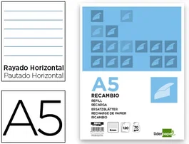 Liderpapel Recambio A5 120 Hojas 80g Horizontal Sin Margen, 6 Taladros, Bandas de 5 Colores