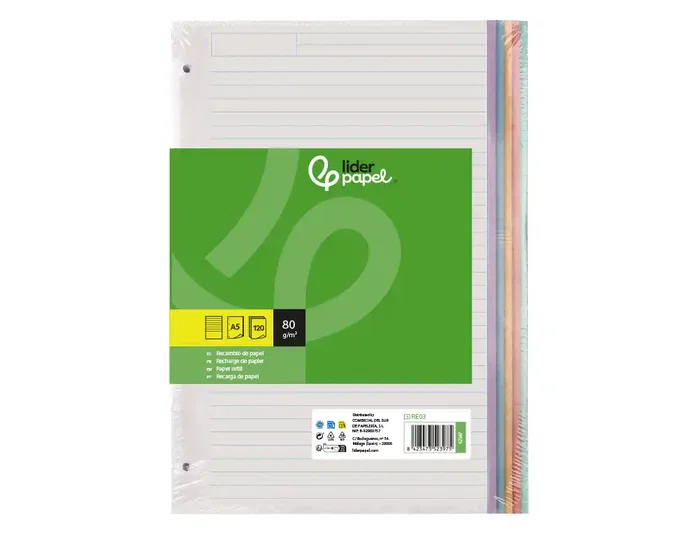 Liderpapel Recambio A5 120 hojas 80gr horizontal sin margen 6 taladros bandas de 5 colores Liderpapel Recambio A5 120 hojas 80gr horizontal sin margen 6 taladros bandas de 5 colores