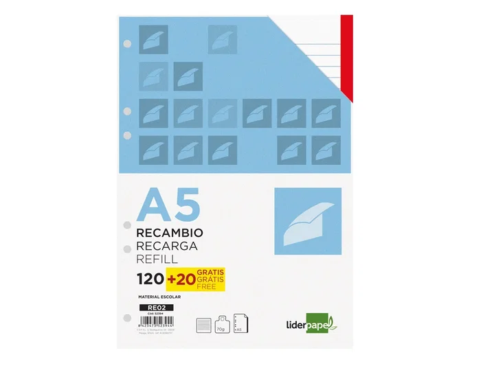 Liderpapel Recambio A5 120 hojas 80gr Horizontal sin margen 6 taladros bandas de 5 colores Liderpapel Recambio A5 120 hojas 80gr Horizontal sin margen 6 taladros bandas de 5 colores