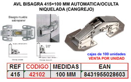 Bisagra automática y oculta tipo cangrejo 415=100 mm niquelada