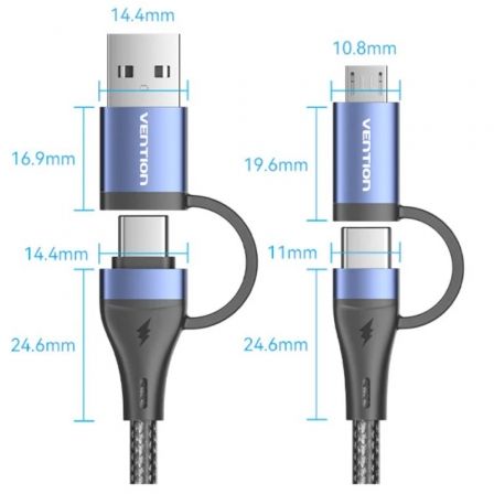 Vention Cable USB 2.0 Tipo-C a USB Macho y MicroUSB 100W 100W 480Mbps 1m Negro Azul