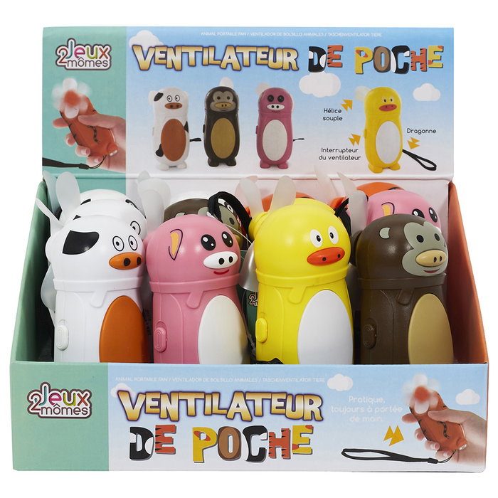 Jeux 2 momes Ventilador Infantil Animal Portátil (Vaca, Panda, Cerdo, Tigre, Pato, Mono) con Correa y Hélice Blanda - Funciona con Pilas AA
