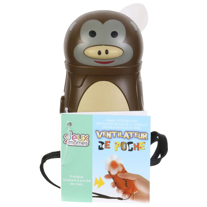 Jeux 2 momes Ventilador Infantil Animal Portátil (Vaca, Panda, Cerdo, Tigre, Pato, Mono) con Correa y Hélice Blanda - Funciona con Pilas AA