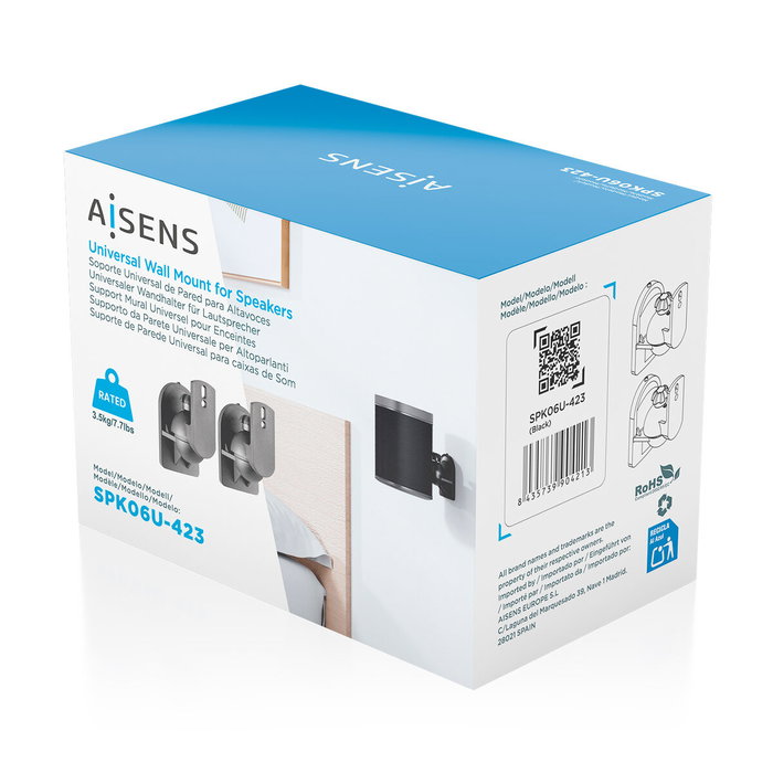Aisens Soporte Universal de Pared Giratorio e Inclinable para Altavoces SPK06U-423, Negro