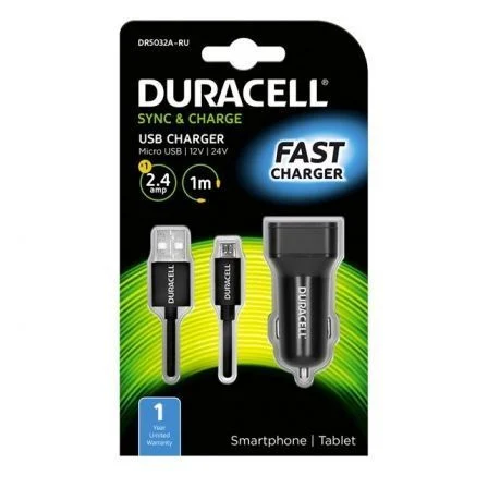 Cargador de Coche Duracell DR5032A/ USB + Cable MicroUSB/ 2.4A