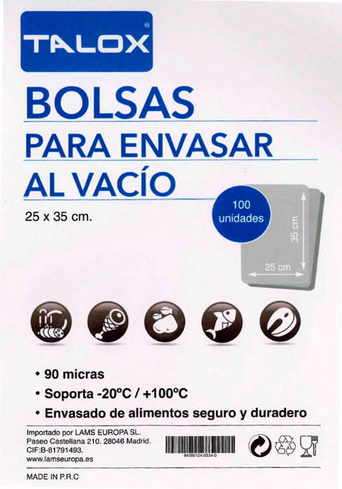 TALOX 100 Bolsas para Envasar al Vacío 90 µ 25cm x 35cm (Pack de 100)