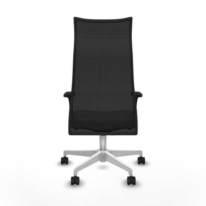 Sillón Albacete con mecanismo Sincro tapizada con Similpiel color Gris claro y malla color Negro. Equipado con Base poliamida blanca, Brazos 1D y Ruedas 65mm nailon