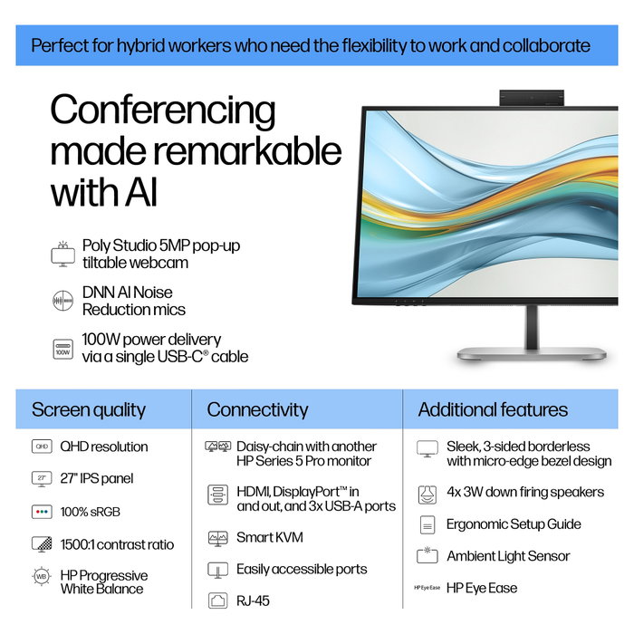 HP Series 5 Pro 527pm 27 pulg. QHD USB-C Monitor de Videoconferencia Jet Black
