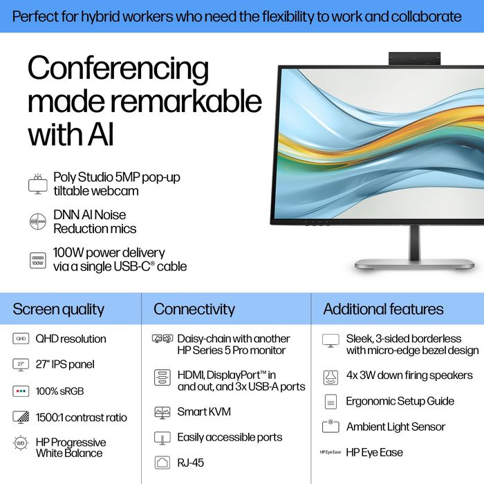 HP Series 5 Pro 527pm 27 pulg. QHD USB-C Monitor de Videoconferencia Jet Black