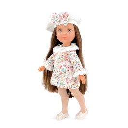 Berjuan Muñeca EVA Castaña Pelo Largo con Vestido de Flores Blancas