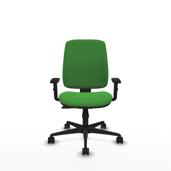 Silla de oficina Alares con mecanismo Sincro tapizada con Tela color Verde. Equipada con Base nailon negra, Brazos 1D y Ruedas 65mm nailon