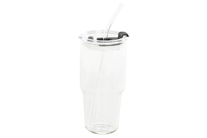 DKD Home Decor Vaso de Borosilicato y Silicona con Pajita, 550ml, Transparente