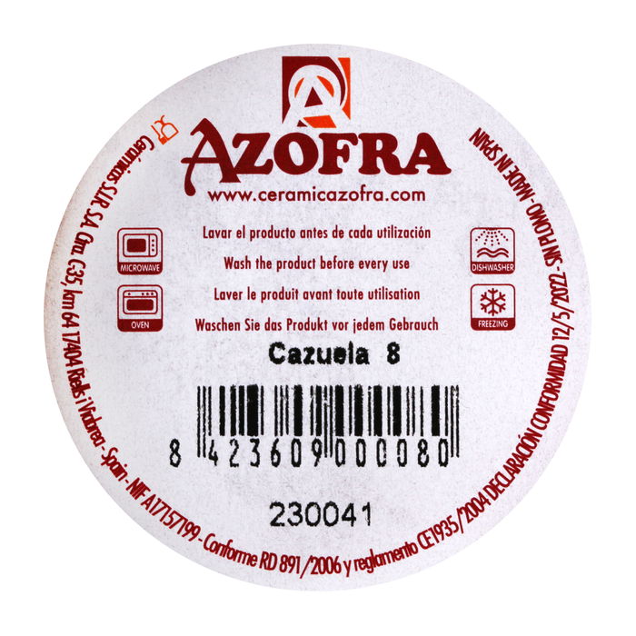 Azofra Cazuela Vitro de 8 cm, Ancho 7.9 cm x Alto 2.4 cm x Largo 7.9 cm, Peso 1.79 kg (24 Unidades)