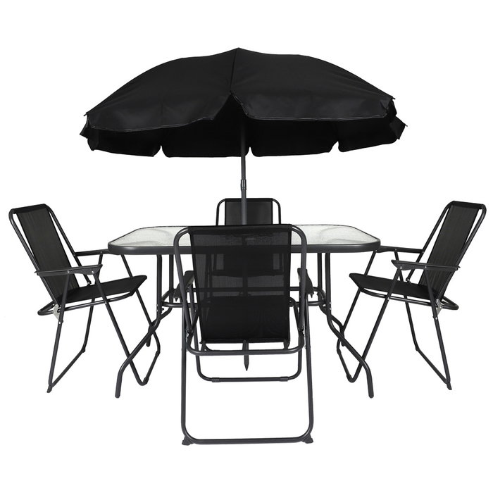 Home Deco Factory Juego de Jardín con Mesa de Cristal y 4 Sillas Plegables Incluye Sombrilla - Acero y Poliéster