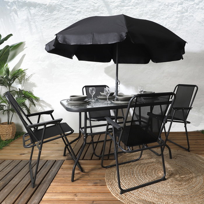 Home Deco Factory Juego de Jardín con Mesa de Cristal y 4 Sillas Plegables Incluye Sombrilla - Acero y Poliéster