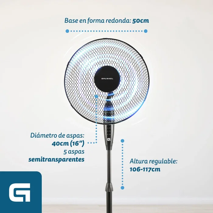 Grunkel FAN-165XNG Ventilador de pie negro 50W 5 aspas 40cm 3 velocidades altura regulable