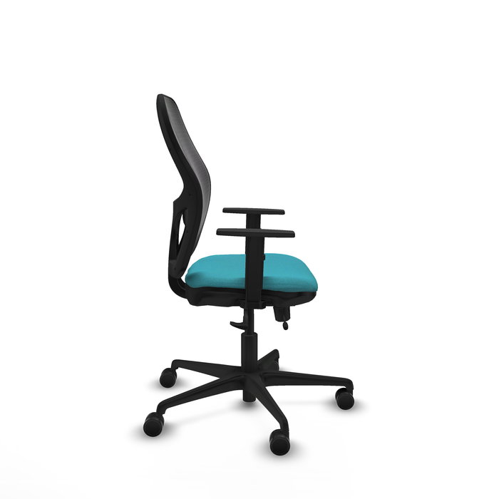 Silla de oficina Jorquera con mecanismo Sincro/Traslack tapizada con Tela color Turquesa y malla color Negro. Equipada con lumbar 1D, Brazos 1D y Ruedas 65mm nailon