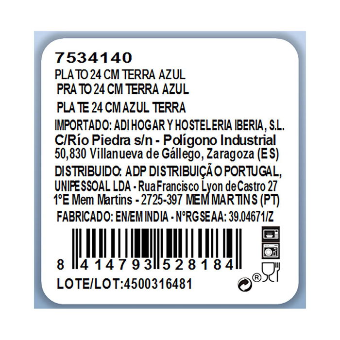 Plato Llano Porcelana Terra Ariane 24 cm