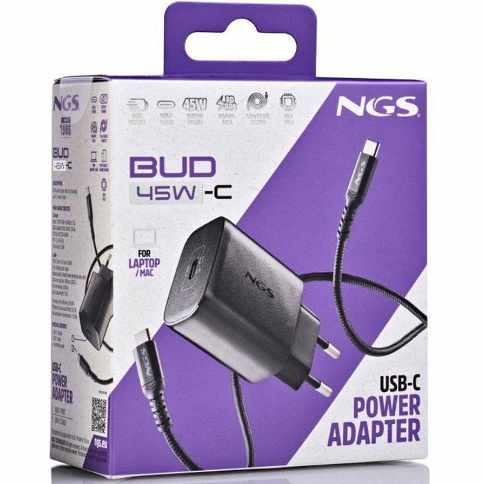 NGS Cargador de Pared GaN BUD 45W con Salida USB-C y Cable USB-C de 1,5 m