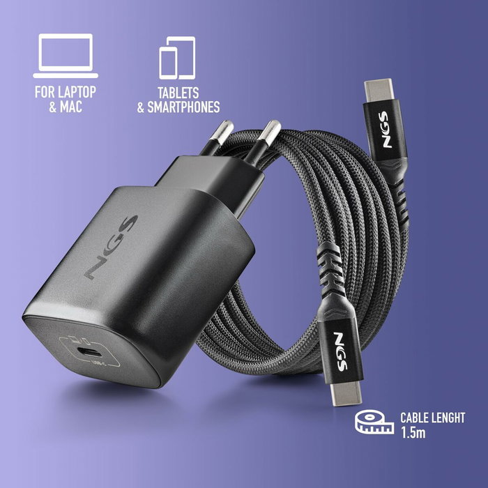 NGS Cargador de Pared GaN BUD 45W con Salida USB-C y Cable USB-C de 1,5 m