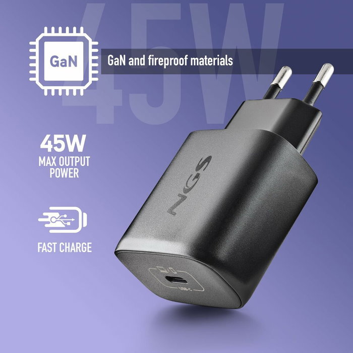NGS Cargador de Pared GaN BUD 45W con Salida USB-C y Cable USB-C de 1,5 m