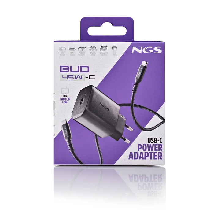 NGS Cargador de Pared GaN 45W USB-C Negro con Cable 1,5m