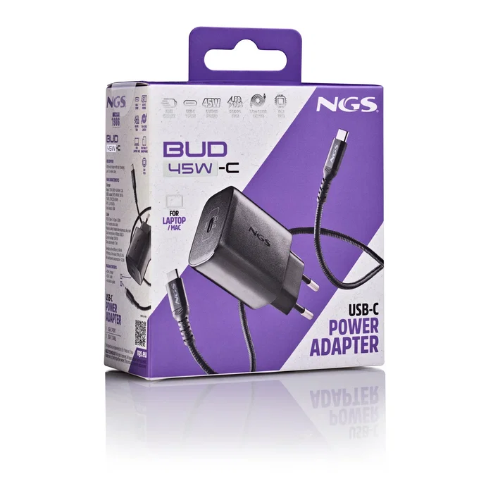 NGS Cargador de Pared GaN 45W USB-C Negro con Cable 1,5m