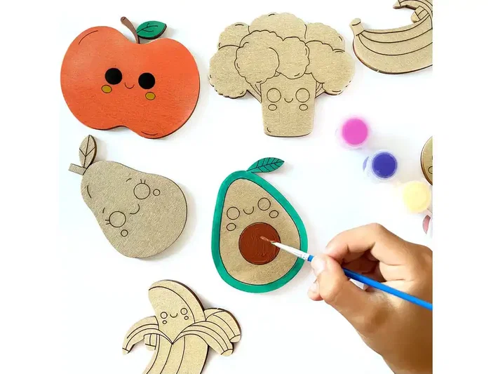 Wondee Kit para Colorear Frutas y Verduras con Figuras de Madera Sostenible y 12 Colores Vibrantes para Niños