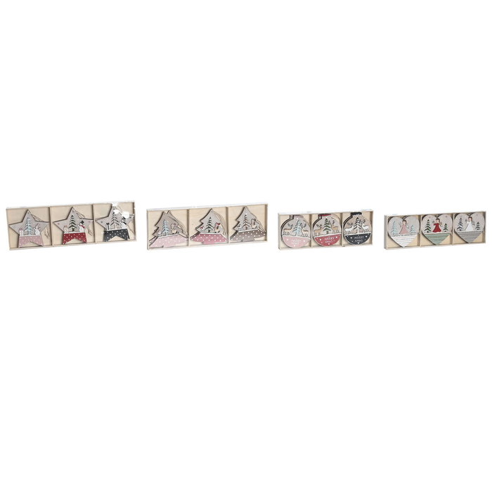 DKD Home Decor Set de 6 Decoraciones Colgantes de Madera 23x1,5x9 cm Surtido
