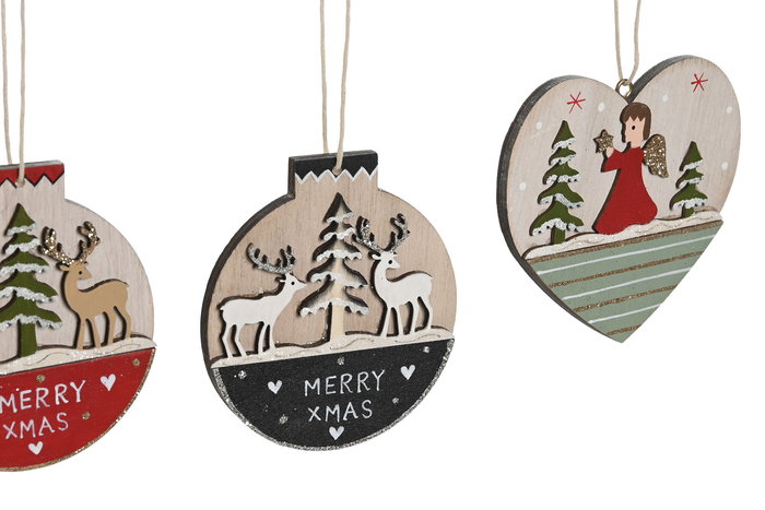 DKD Home Decor Decoracion Colgante Navidad Tradicional Rosa Rojo Madera Set de 6 Piezas 1.5 x 9 x 23 cm