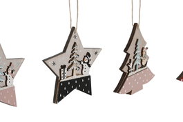 DKD Home Decor Decoracion Colgante Navidad Tradicional Rosa Rojo Madera Set de 6 Piezas 1.5 x 9 x 23 cm