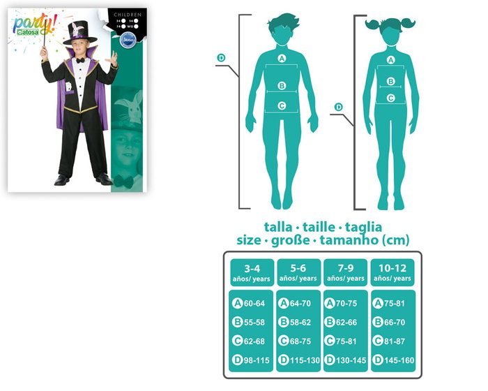 Carnaval Disfraz Mago Ilusionista Niño 10-12 Años - Traje con Pantalón, Casaca, Capa y Gorro