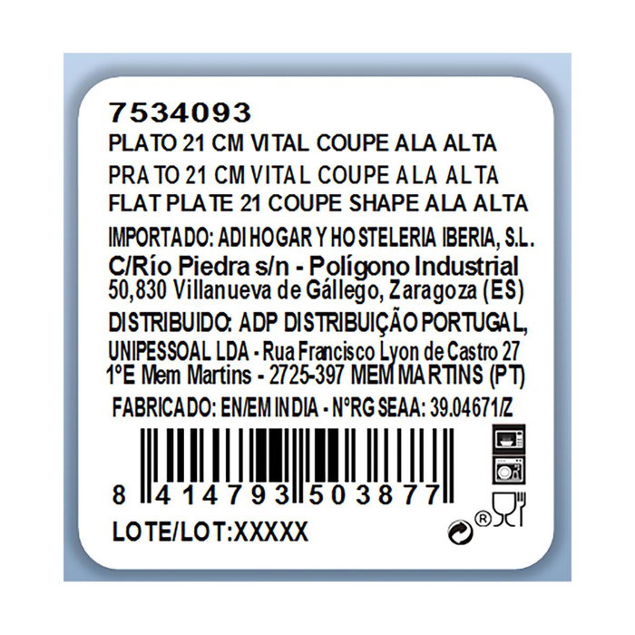 Plato Llano Porcelana Ala Elevada Vital Coupe Ariane 21 cm