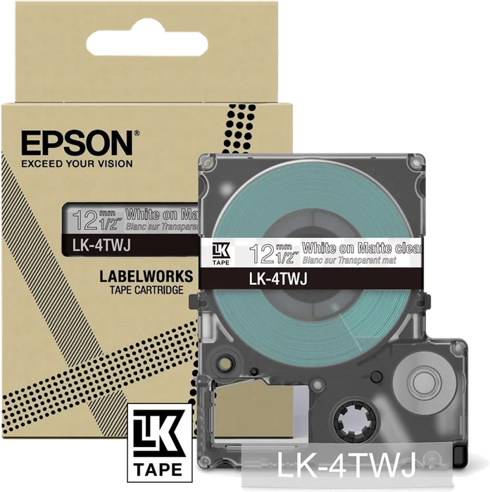 Epson LK-4TWJ Cinta de etiquetas Matte Negro sobre Transparente 12mm Epson LK-4TWJ Cinta de etiquetas Matte Negro sobre Transparente 12mm