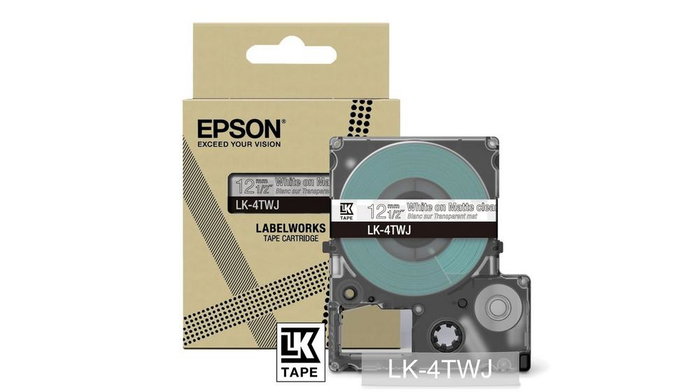 Epson LK-4TWJ Cinta de etiquetas Matte Negro sobre Transparente 12mm Epson LK-4TWJ Cinta de etiquetas Matte Negro sobre Transparente 12mm