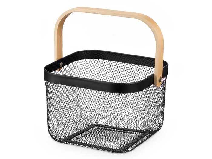 Kinvara Cesta Cuadrada con Asa Negra, de Metal y Madera, 26.5x26x18 cm (Asa 30 cm) (Set de 12)