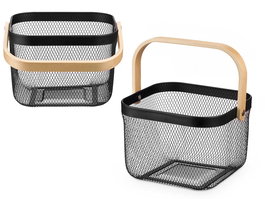 Kinvara Cesta Cuadrada con Asa Negra, de Metal y Madera, 26.5x26x18 cm (Asa 30 cm) (Set de 12)