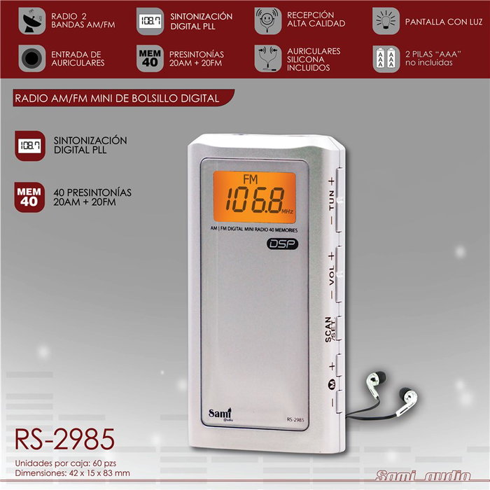 SAMI Radio Digital Mini XS con Auriculares - 2 Bandas, 40 Memorias